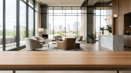 Fototapeta premium Sharp wooden tabletop surface ideal for product presentation, mockup backdrop, branding, and marketing over a blurred modern interior background