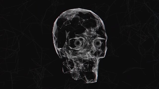 Seamless loop of abstract human skull formed by glowing polygonal plexus network. Digital futuristic artificial intelligence model made of connected molecular nodes and abstract background.