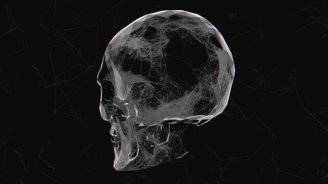 Seamless loop of abstract human skull formed by glowing polygonal plexus network. Digital futuristic artificial intelligence model made of connected molecular nodes and abstract background.
