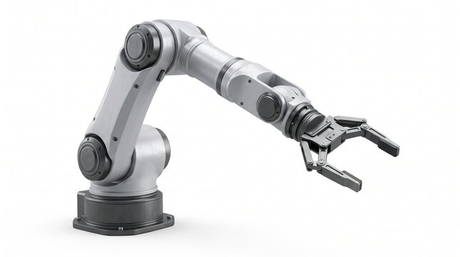Industrial robotic arm with mechanical gripper, automated factory robot on white background, modern manufacturing technology