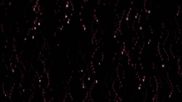 Red alphanumeric characters drift through dark abstract space with layered depth and scattered motion