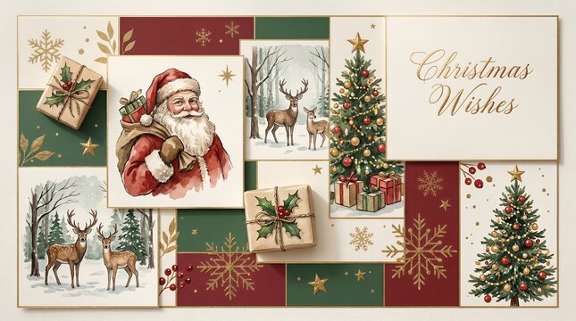 Watercolor Christmas Scene Collage Featuring Santa Claus, Deer, and Festive Decorations