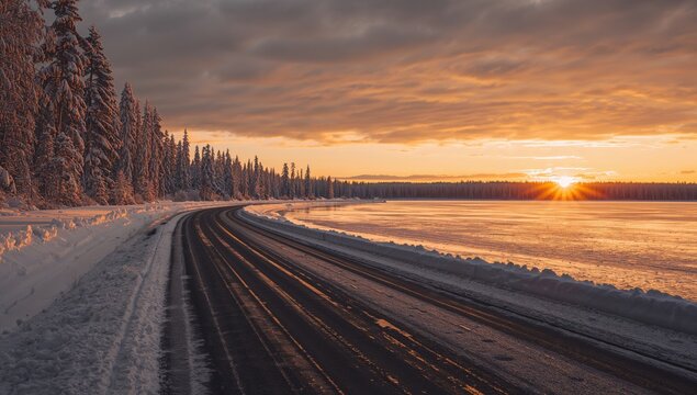 Snowy Road Curving Along a Frozen Lake at Sunset with Dramatic Clouds