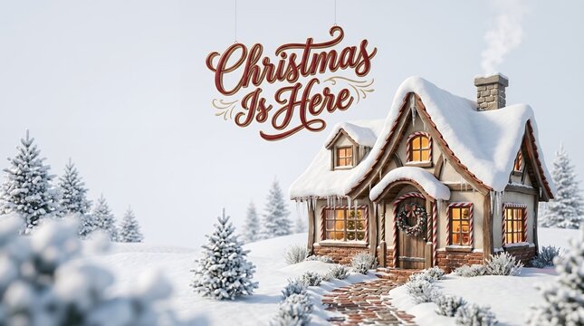 Charming Snow Covered Cottage with Christmas Lights and Garland in a Winter Wonderland Landscape