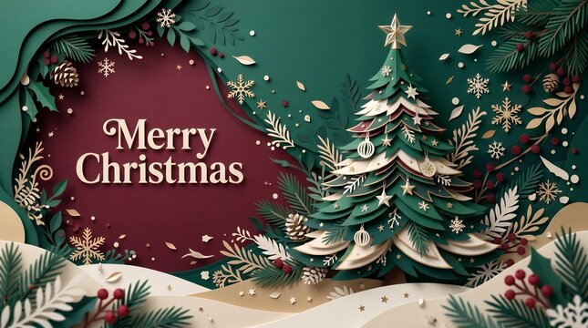 Festive Green and Burgundy Paper Cutout Christmas Tree Celebration Design With Ornaments and Snowflakes