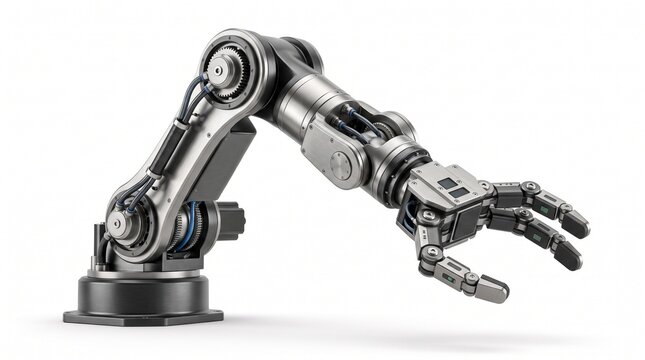 Industrial robotic arm with mechanical gripper, silver metallic robot manipulator for manufacturing, automated factory technology on white