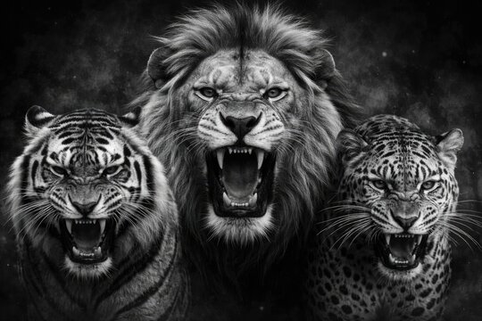 Majestic Lion Tiger and Leopard Roaring in Monochrome Majesty