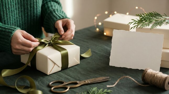 Close-Up Hands Tying Green Ribbon Bow on Gift Box Wrapped in Cream Paper