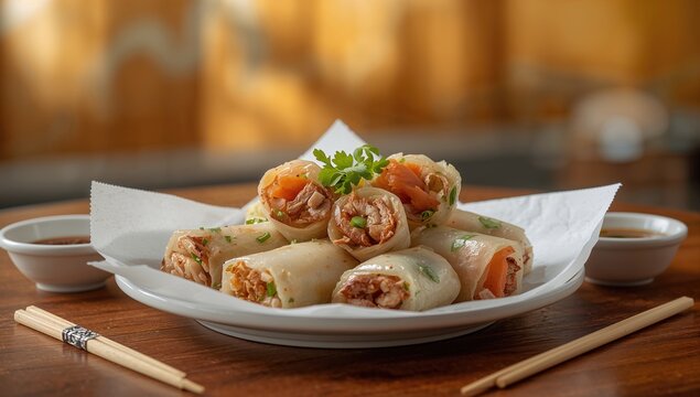 Fresh Spring Rolls Served on a Plate with Dipping Sauce on a Wooden Table