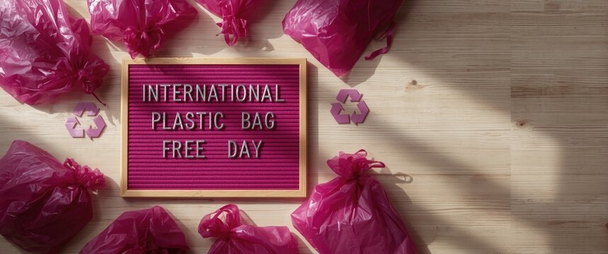 Colorful Sign for International Plastic Bag Free Day Surrounded by Pink Bags on a Wooden Surface
