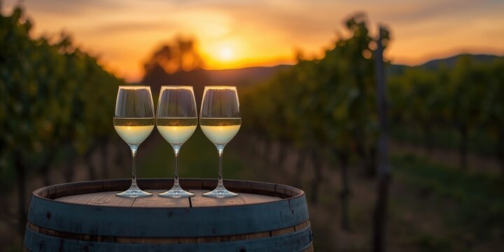 Three Wine Glasses on a Barrel at Sunset in a Vineyard