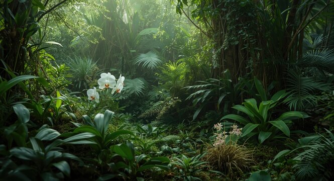 Tropical Rainforest Scene with White Orchids and Lush Green Foliage