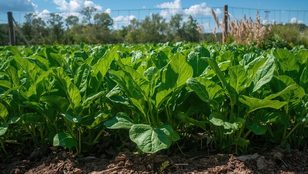 Lush Green Spinach Plants Growing in Field - Bright Day, Close-Up, Organic Farming