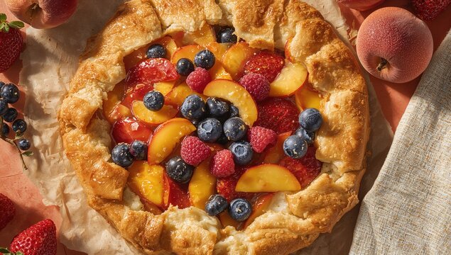 Fresh Fruit Galette with Peaches Blueberries Raspberries and Strawberries on Crumpled Paper
