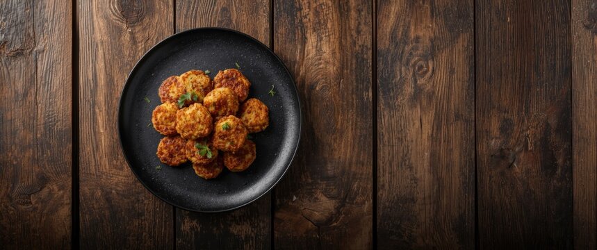 Fried Chicken Meatballs on a Black Plate Served on a Wooden Table
