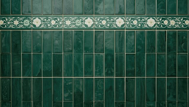 Green Textured Wall Tiles with Decorative Floral Border in a Contemporary Setting