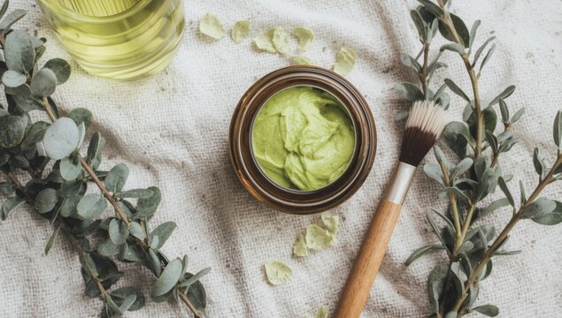 Green Facial Cream in Jar with Brush - Natural Leaves Arrangement, Soft Light