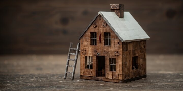 Miniature Wooden House Model with a Ladder on a Rustic Wooden Surface