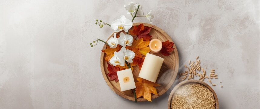 Candles and White Orchids Decorated with Autumn Leaves on a Wooden Tray