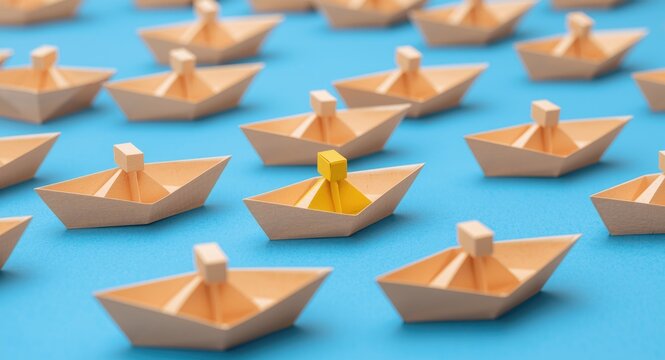 Yellow Paper Boat Standing Out Among Multiple Brown Boats on Blue Background