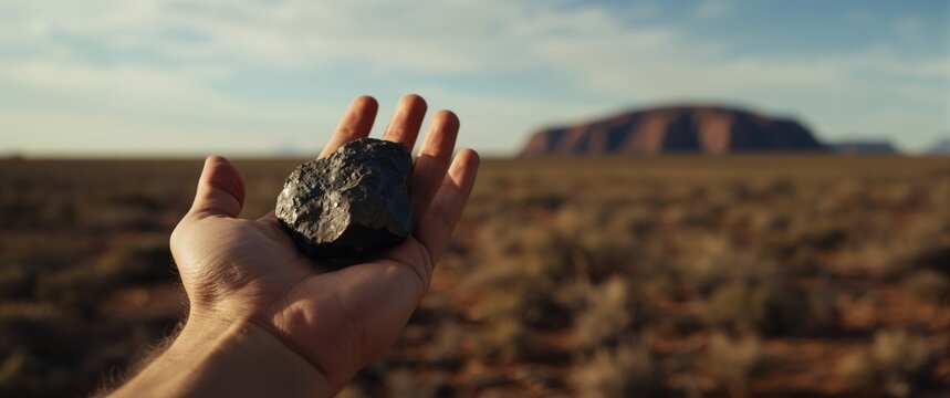 Hand Holding a Rock in a Desert Landscape with Mountains in the Background