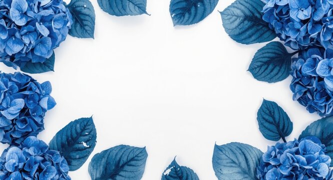 Blue Hydrangeas and Leaves Framing a Blank White Background
