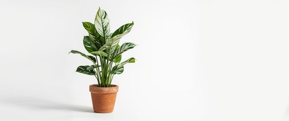 Fototapeta premium Potted Green House Plant with Variegated Leaves Isolated on White