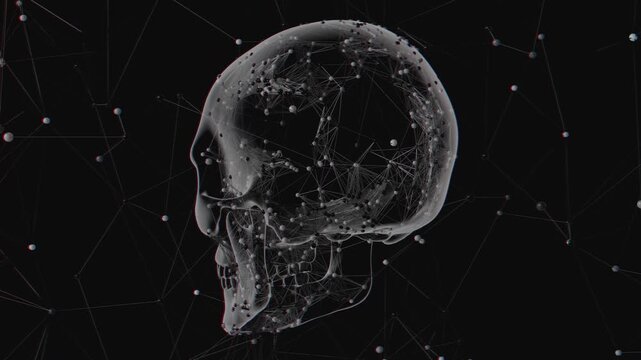 Seamless loop of abstract human skull formed by glowing polygonal plexus network. Digital futuristic artificial intelligence model made of connected molecular nodes and abstract background.