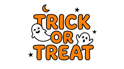 Trick or Treat Halloween typography sticker design with cute ghosts and stars © MD ACHADUL ISLAM