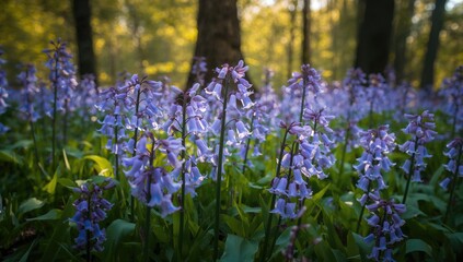Obraz premium Purple Wildflowers Blooming in a Sunlit Forest with Soft Green Grass