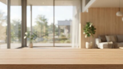 Fototapeta premium Stylish empty wooden tabletop surface perfect for product presentation, mockup backdrop, branding, and marketing over a blurred modern interior setting with natural light