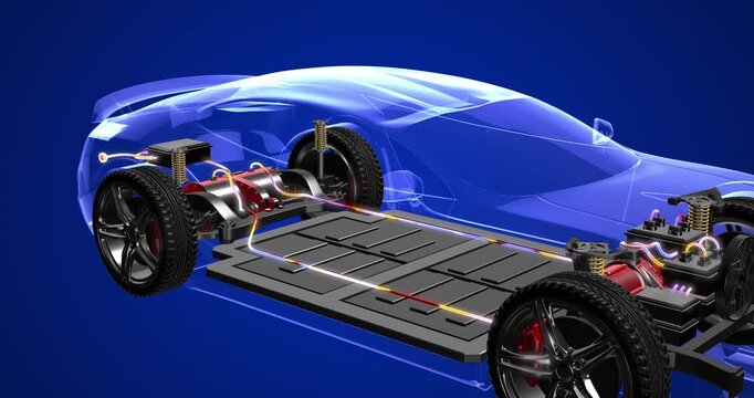 Transparent wireframe electric vehicle displaying battery pack chassis and electric motor. EV Cars Technology Related 4K 3D Animation.