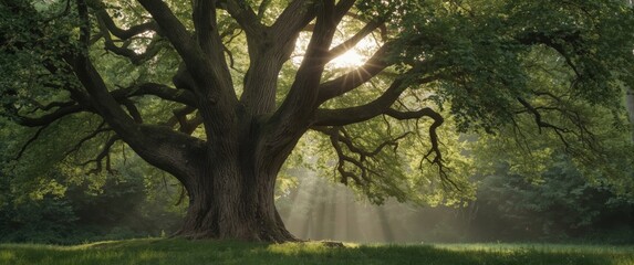 Fototapeta premium Majestic Tree with Sun Rays Illuminating Green Forest at Dawn