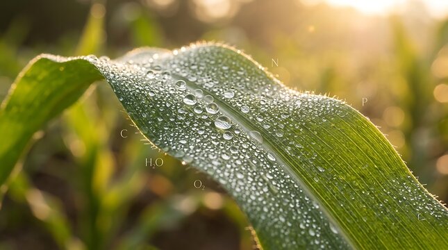 Close up of a green corn leaf covered in morning dew drops with faint chemical molecular formulas overlaid on a blurred agricultural field background