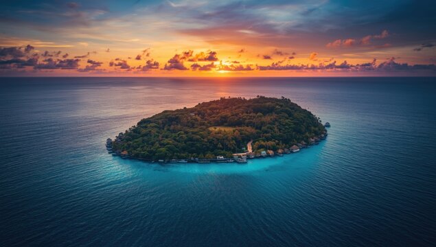 Tropical Island Surrounded by Crystal Clear Water at Sunset with Dramatic Clouds