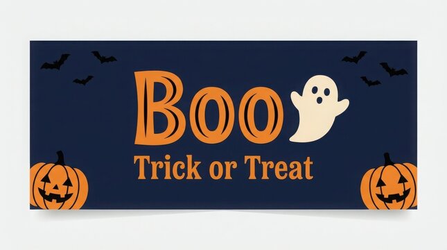 A festive halloween banner with a playful ghost pumpkins and the classic boo and trick or treat message