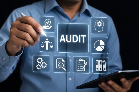 Businessperson interacting with digital audit interface on laptop and tablet