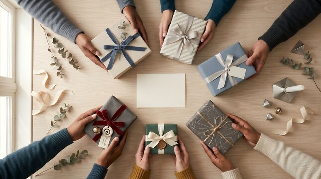 Overhead View of Diverse Hands Sharing and Exchanging Wrapped Gifts on a Wooden Table