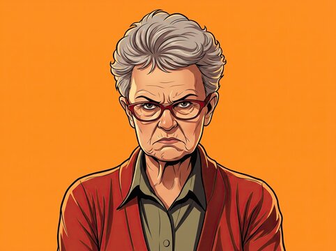 An elderly woman with grey hair and red glasses displays a grumpy and stern expression while wearing a red cardigan against a bright orange background.

