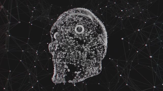 Seamless loop of abstract human skull formed by glowing polygonal plexus network. Digital futuristic artificial intelligence model made of connected molecular nodes and abstract background.