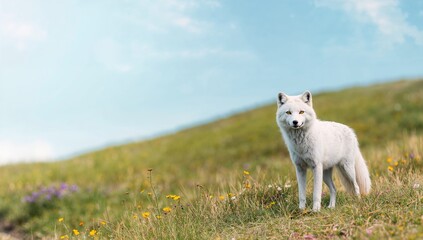 Obraz premium Arctic Fox Standing on a Meadow with Wildflowers Under a Clear Sky