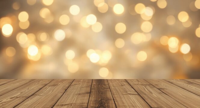 Wooden Table Top Against Blurred Gold Bokeh Background