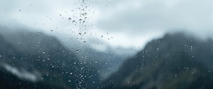 Raindrops on a Window with Mountains in the Background on a Gloomy Day