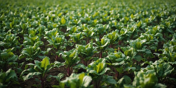Vibrant Green Vegetable Field with Lush Rows of Leaves in Sunlight