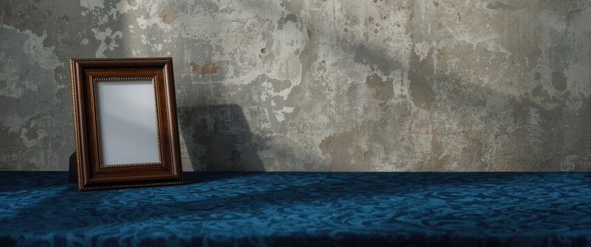 Elegant Photo Frame on a Blue Tablecloth Against a Weathered Wall