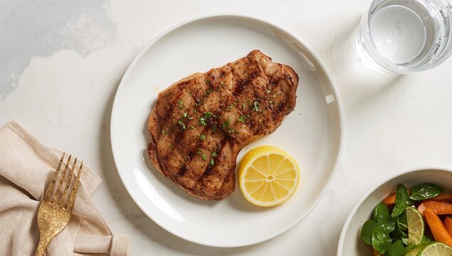 Grilled Chicken Breast with Lemon Slice on a Plate with Salad and Water