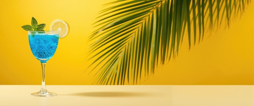 Blue Cocktail with Lemon and Mint on Yellow Background with Palm Leaf