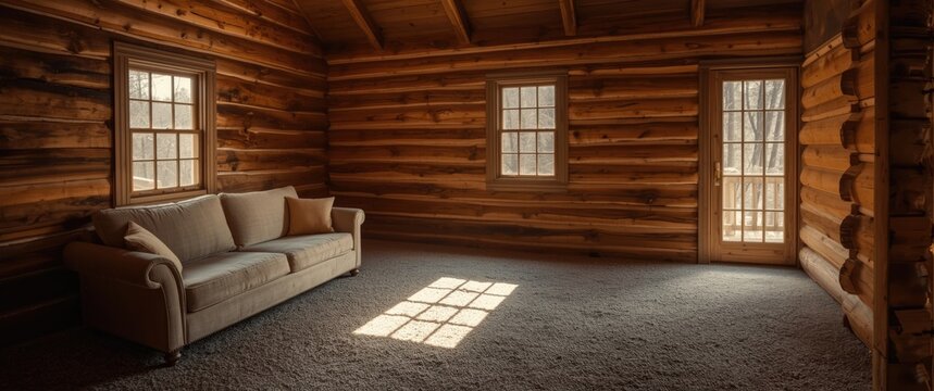 Cozy Cabin Interior with Light Streaming Through Windows on a Plush Sofa