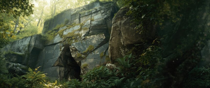 Majestic Rock Formation Surrounded by Lush Forest in Golden Light