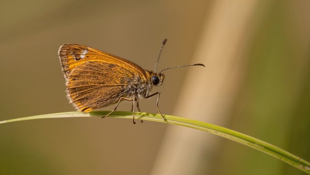 Butterfly Perched on a Grass Blade in Soft Natural Lighting